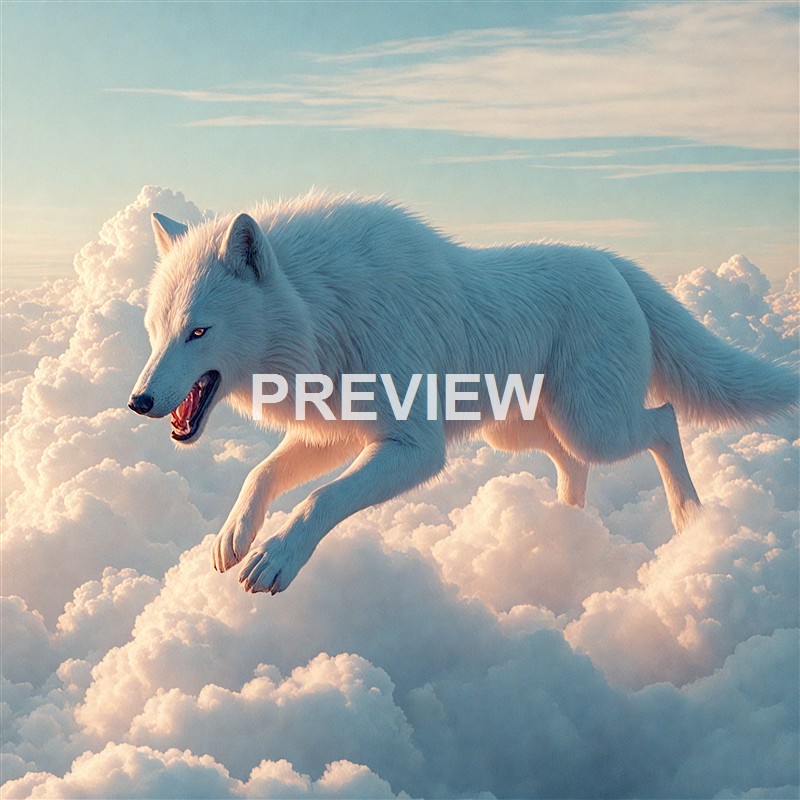 A majestic white wolf with piercing eyes and an aggressive expression is running through a sky filled with fluffy clouds, illuminated by soft sunlight.